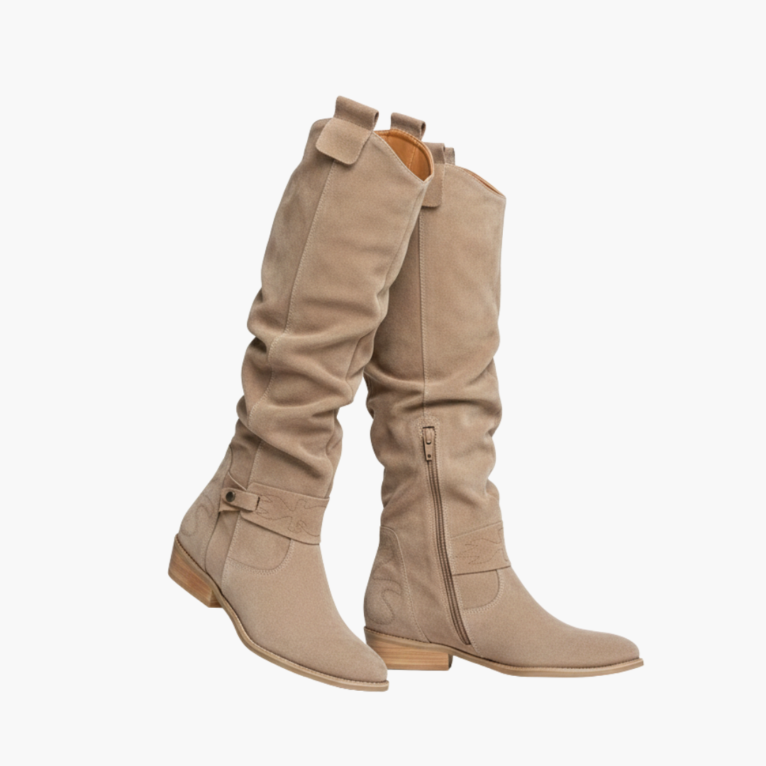 Beige knee-high boots with side buckles and a low block heel
