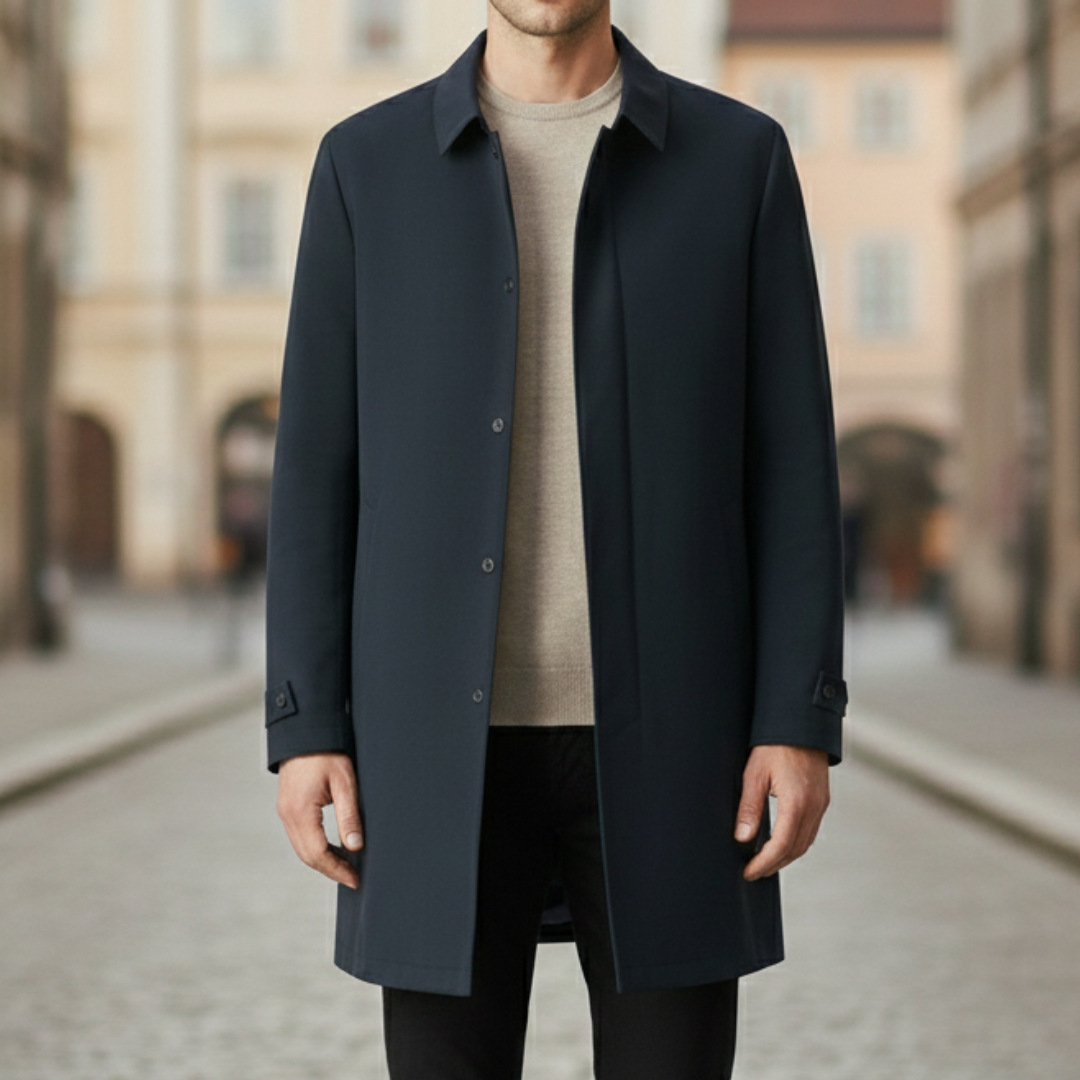 Close-up details of a blue quilted overcoat, long sleeves, pockets, and a turn-down collar.
