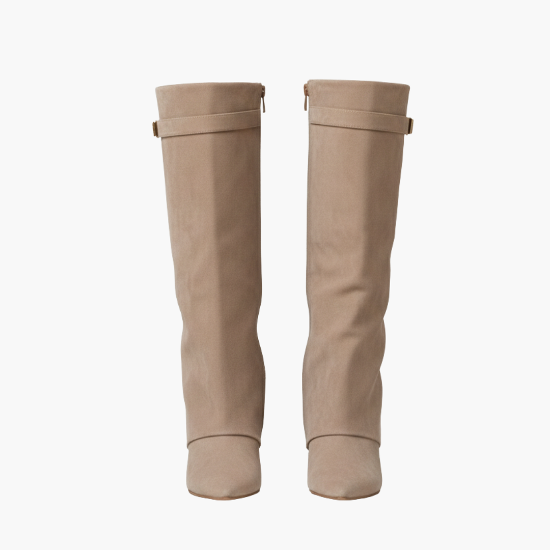  Beige knee-high boots with a zipper, featuring a smooth faux suede finish and a softly structured shaft