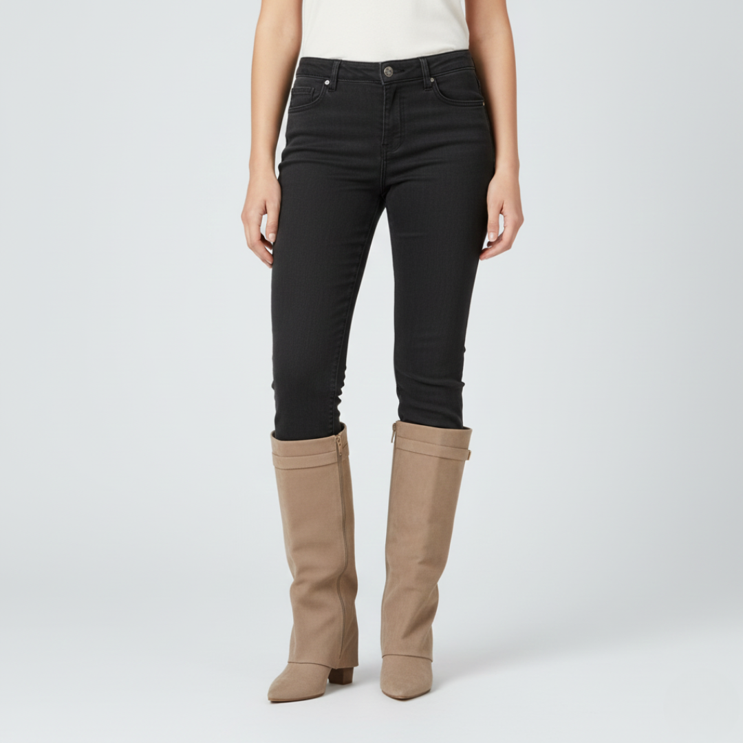  Beige knee-high boots with a zipper, featuring a smooth faux suede finish and a softly structured shaft