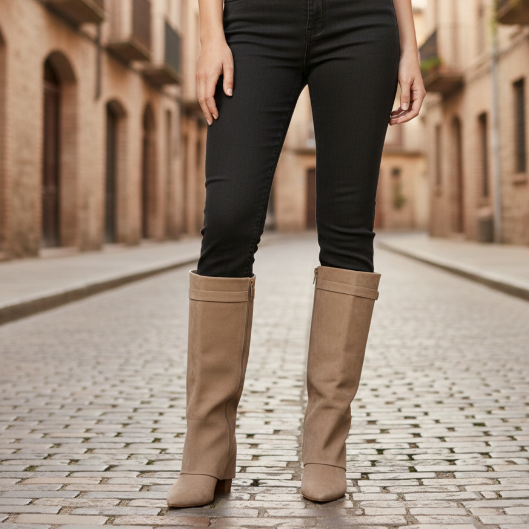 Beige knee-high boots with a zipper, featuring a smooth faux suede finish and a softly structured shaft