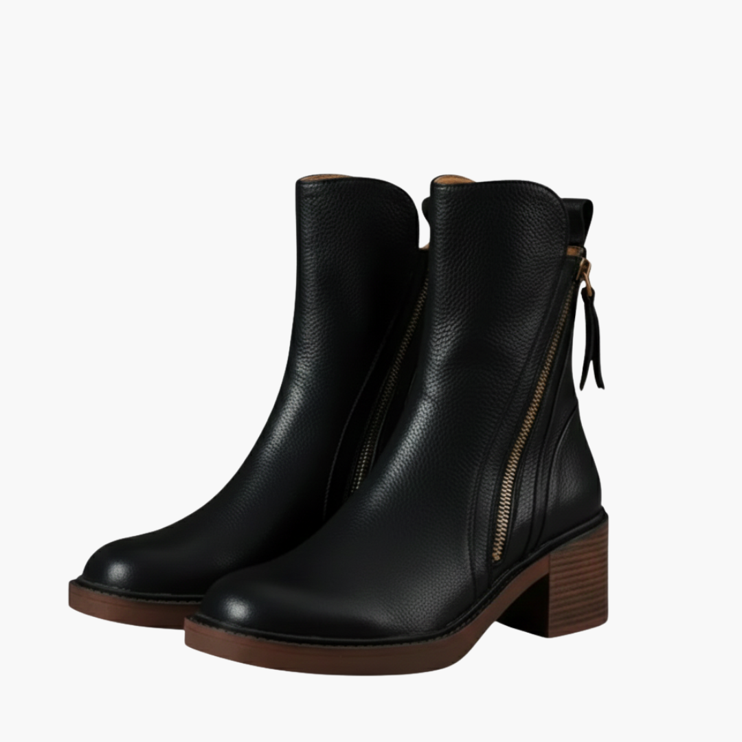 Sleek black leather ankle boots with a zipper closure and a wooden block heel