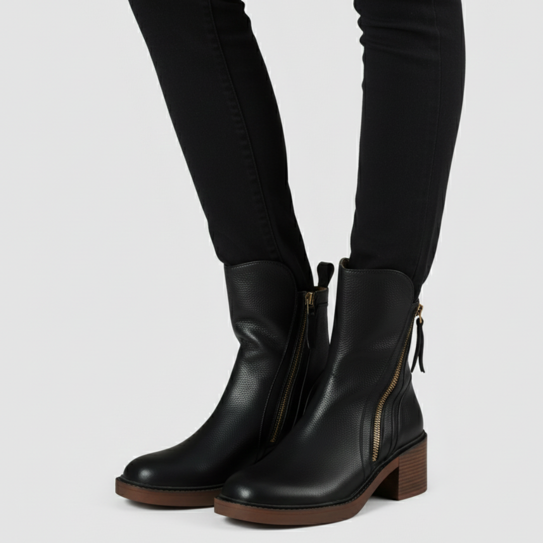 Sleek black leather ankle boots with a zipper closure and a wooden block heel