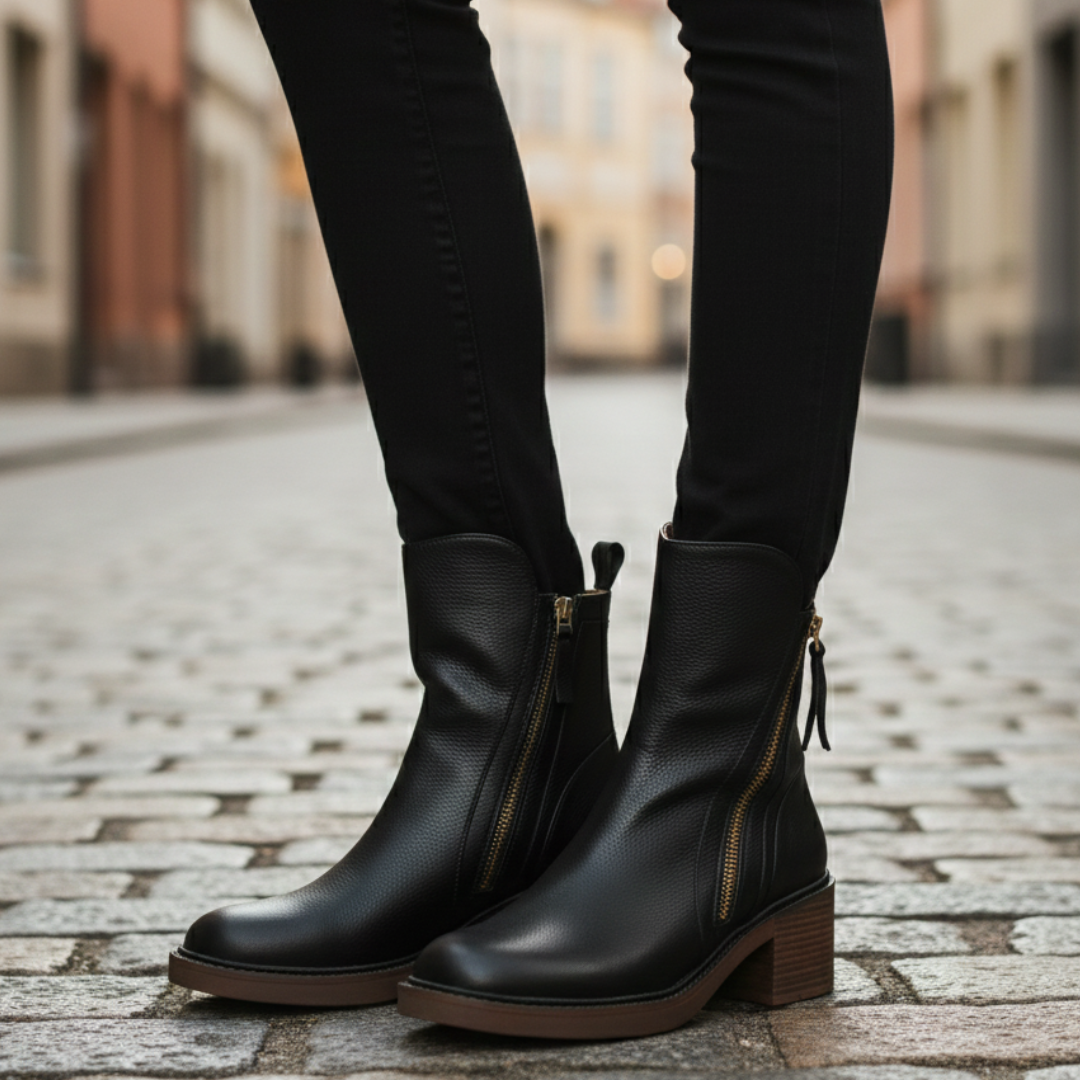 Sleek black leather ankle boots with a zipper closure and a wooden block heel