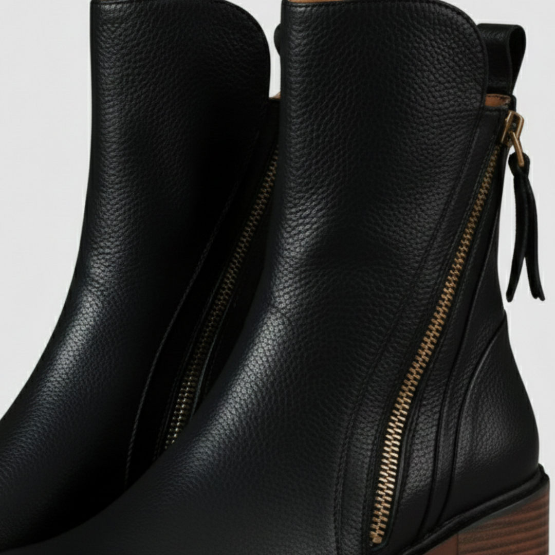 Sleek black leather ankle boots with a zipper closure and a wooden block heel