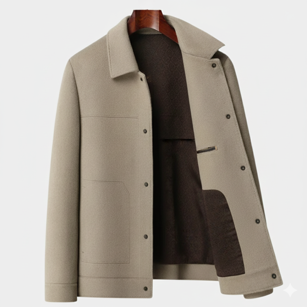 Beige men's jacket with brown lining, featuring a turn-down collar and long sleeves.