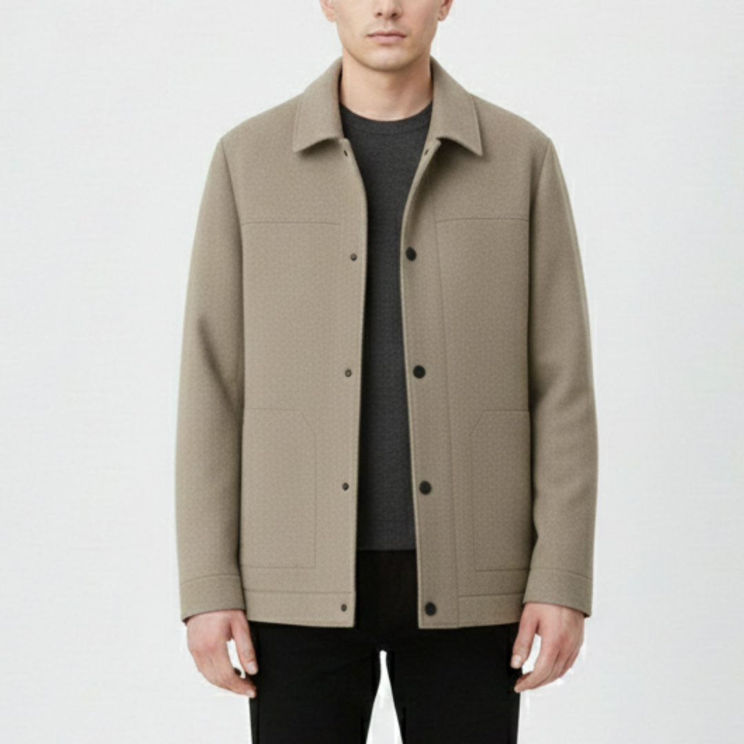 Beige men's jacket with brown lining, featuring a turn-down collar and long sleeves.