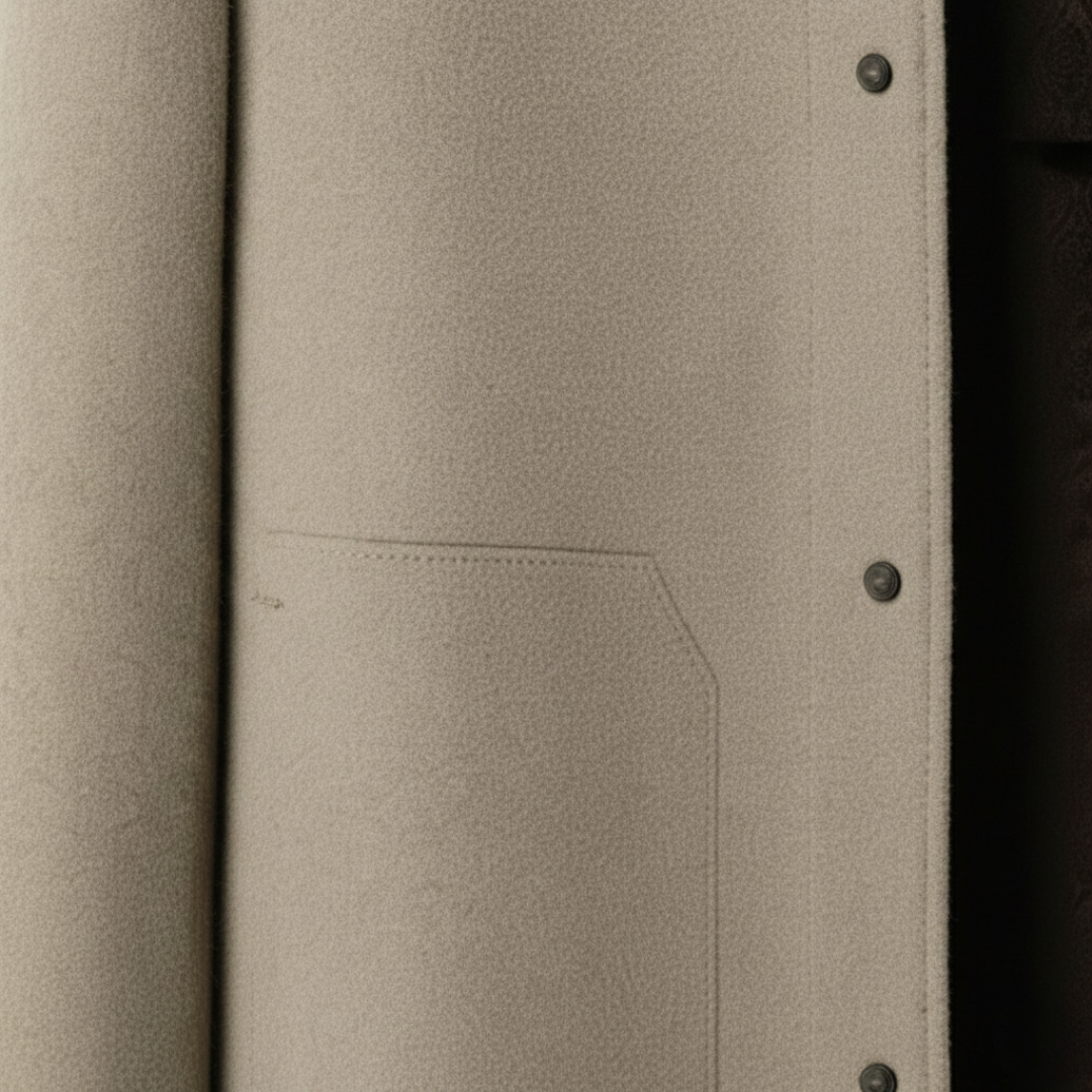 Beige men's jacket with brown lining, featuring a turn-down collar and long sleeves.