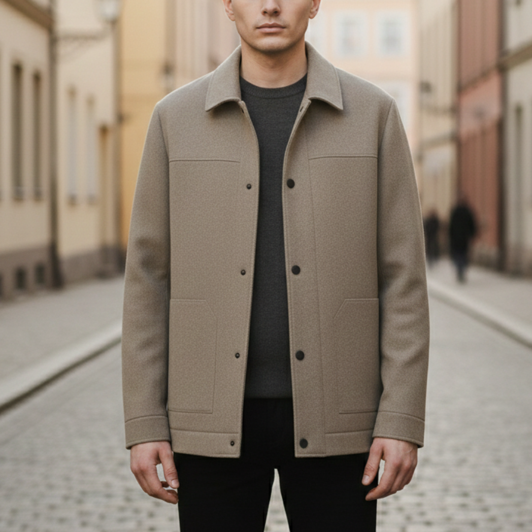 Beige men's jacket with brown lining, featuring a turn-down collar and long sleeves.