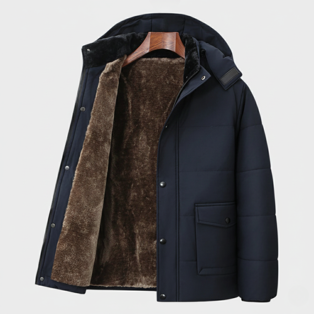 Hip-length winter coat with hood, fur lining, and snap-button closure.