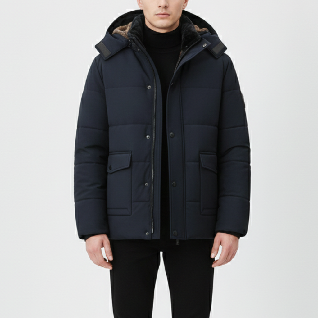 Men's hip-length winter coat with hood, fur lining, and snap-button closure.
