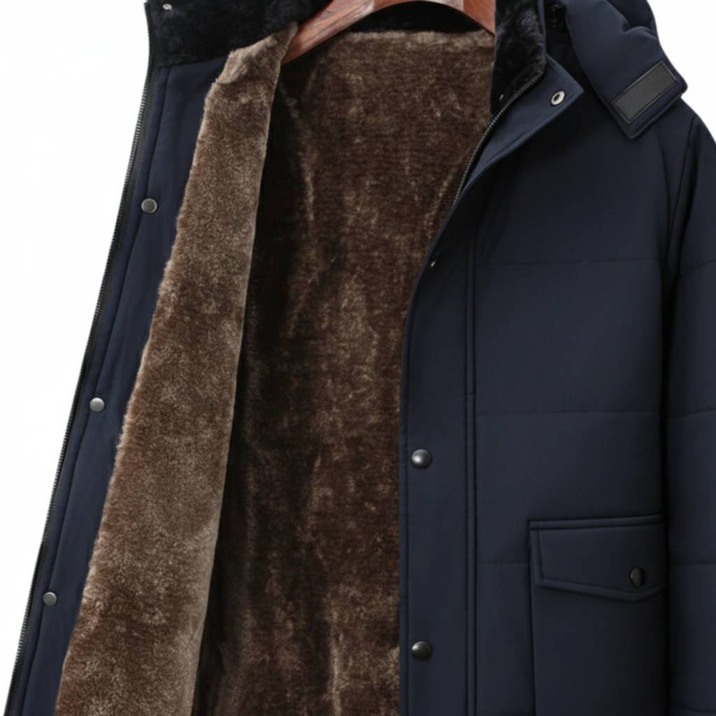 Close-up details of the hip-length winter coat with hood, fur lining, and snap-button closure.