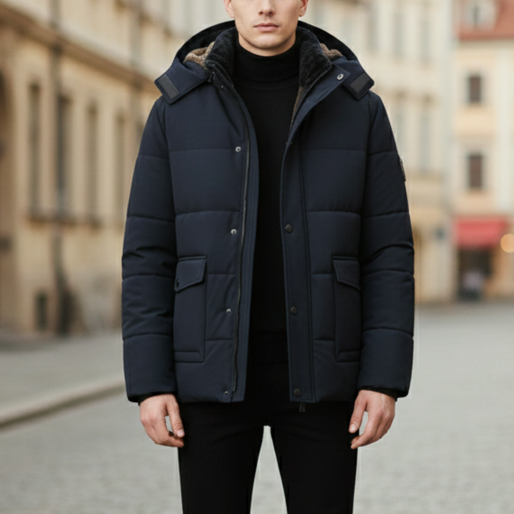Men's hip-length winter coat with hood, fur lining, and snap-button closure.