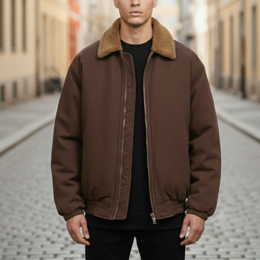 Brown bomber jacket featuring a front zipper, padded design, stand collar, and elastic hems.