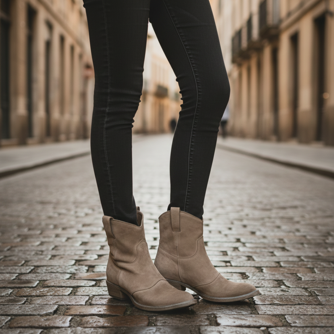 A pair of brown ankle boots featuring a pull-on design and low stacked heel